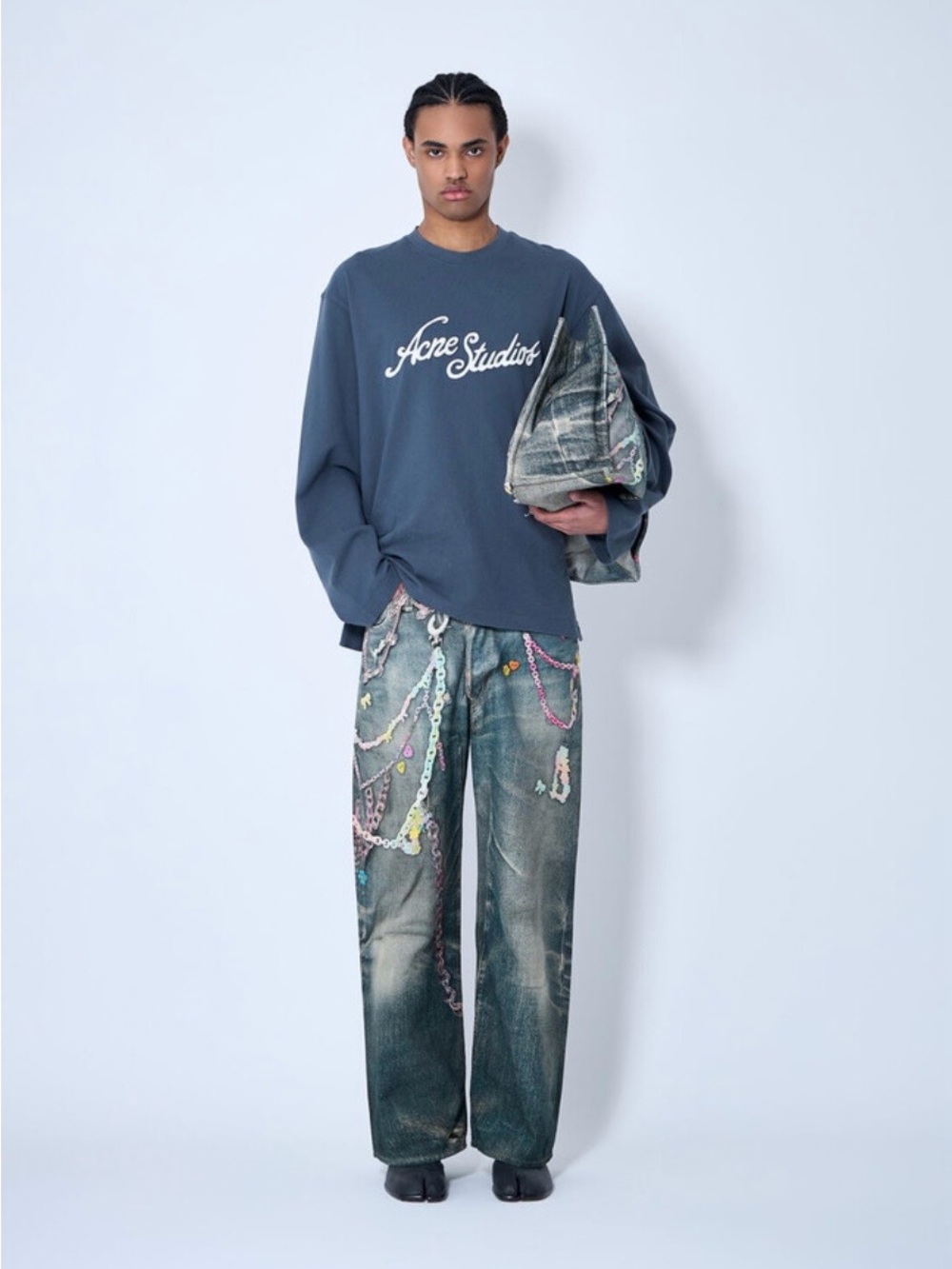 Acne Men’s Blue Washed Jeans with Multicolor Chain Print